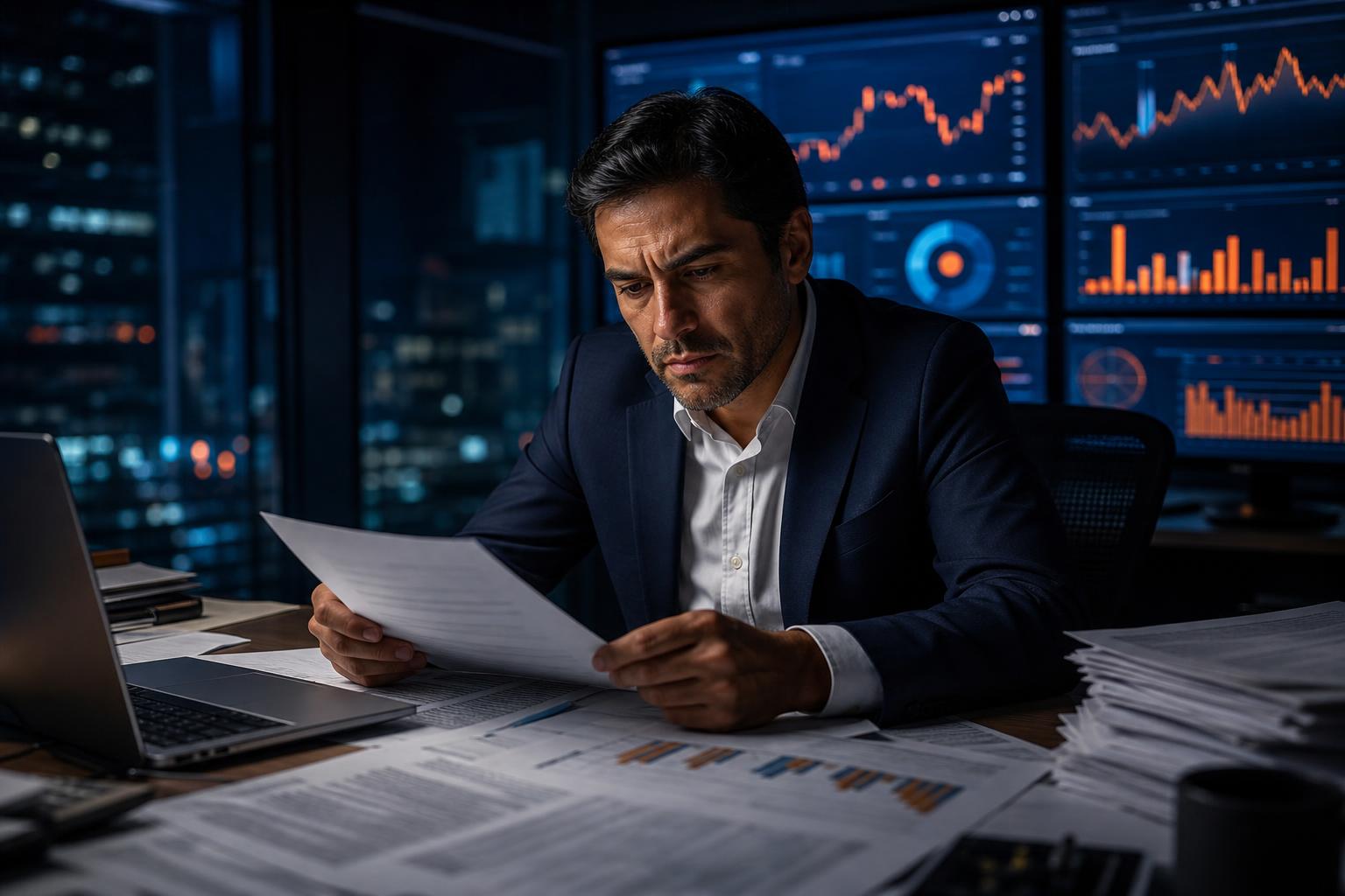 Ejecutivo revisando reportes financieros en oficina nocturna con dashboards operacionales