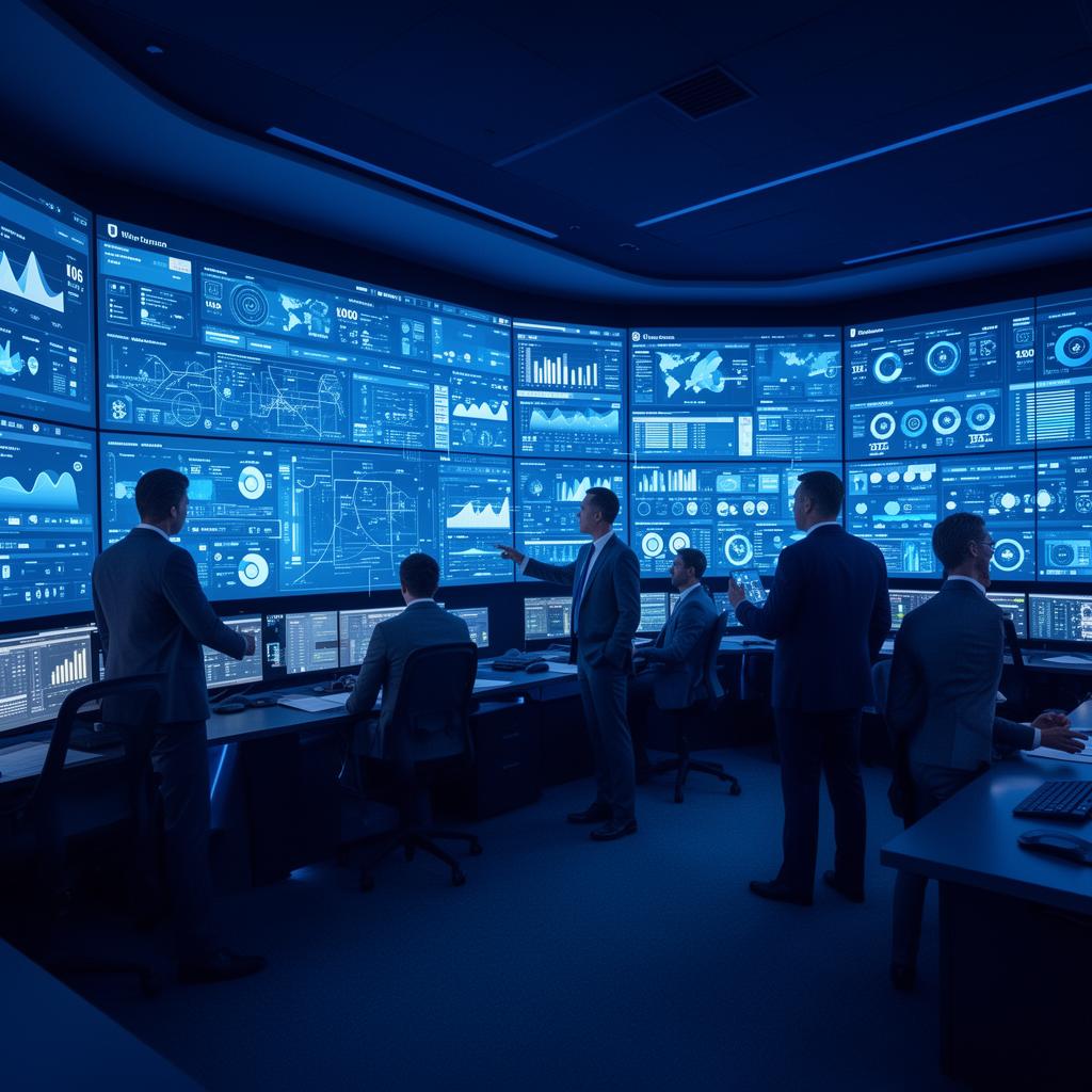 Sala de control de operaciones con equipo revisando wall de dashboards