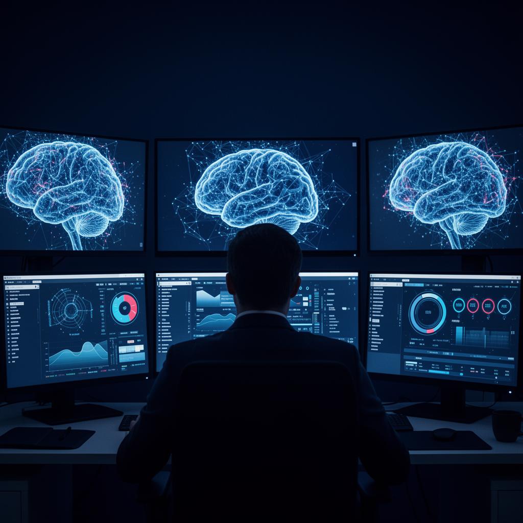 Analista frente a monitores con visualizaciones de redes neuronales
