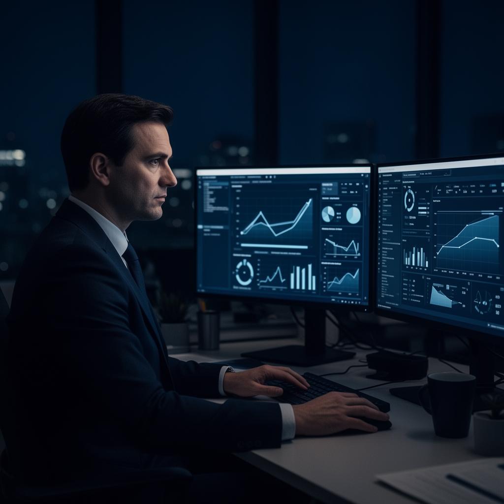 Ejecutivo revisando dashboards operacionales en oficina nocturna