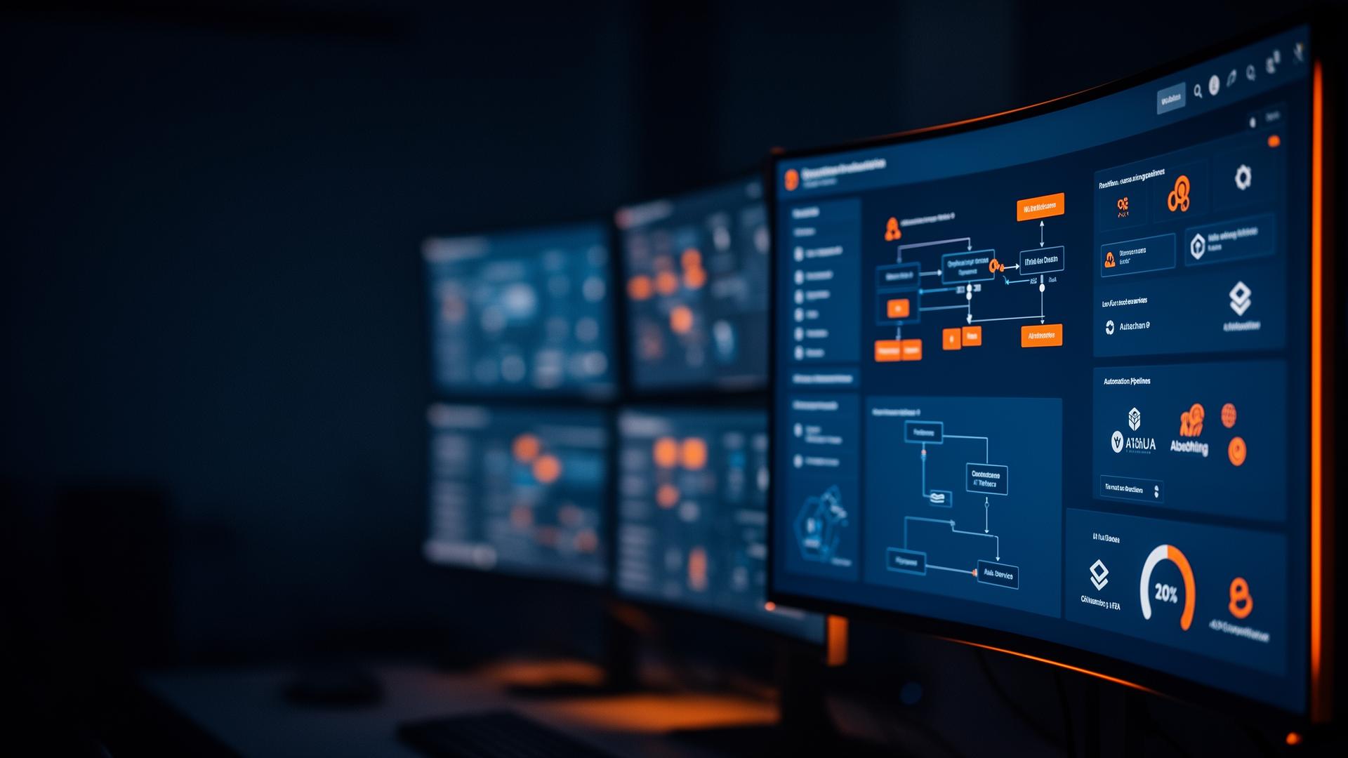 Sala de operaciones con dashboard de orquestación de procesos